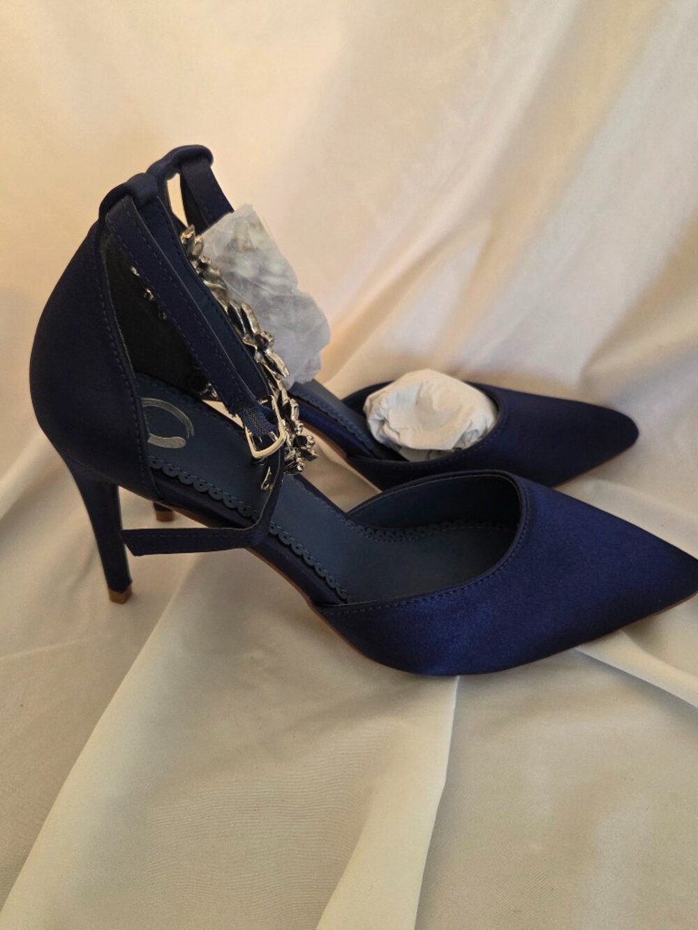 Journee Collection Blue Satin Stiletto Heels | Rhinestone Detail